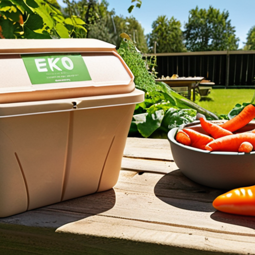 **Prompt:** Biodegradable food packaging made of mushroom material, displaying fresh produce like carrots and bell peppers, compost bin in the background, sunny garden setting, Swedish "eko" label visible.