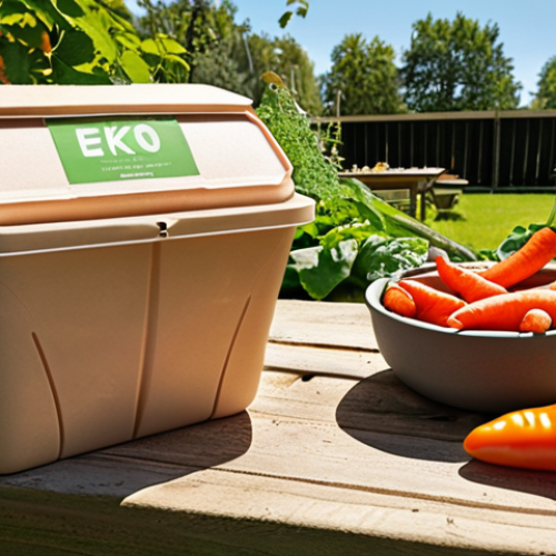 **Prompt:** Biodegradable food packaging made of mushroom material, displaying fresh produce like carrots and bell peppers, compost bin in the background, sunny garden setting, Swedish "eko" label visible.