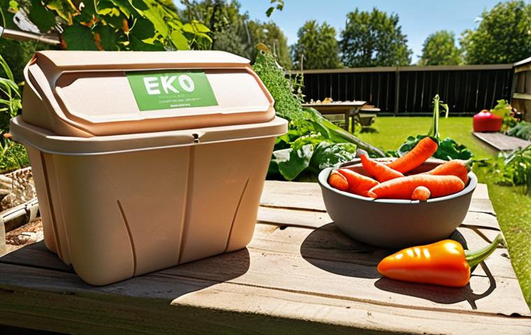 **Prompt:** Biodegradable food packaging made of mushroom material, displaying fresh produce like carrots and bell peppers, compost bin in the background, sunny garden setting, Swedish "eko" label visible.