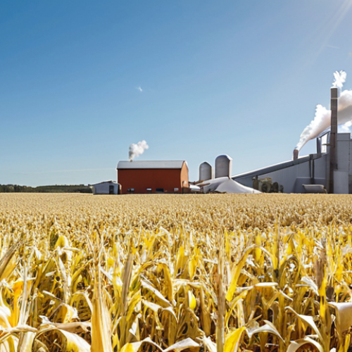 **Cornstarch Plastic Production:** A field of corn in Sweden being harvested under a bright, sunny sky. In the background, a modern factory processes the corn into clear, biodegradable food packaging. Show a stark contrast between the natural field and the industrial facility.