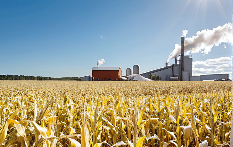 **Cornstarch Plastic Production:** A field of corn in Sweden being harvested under a bright, sunny sky. In the background, a modern factory processes the corn into clear, biodegradable food packaging. Show a stark contrast between the natural field and the industrial facility.